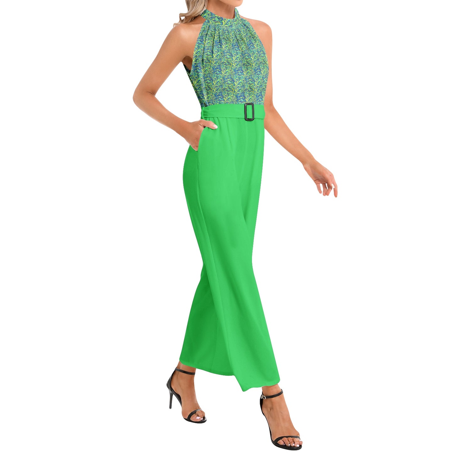 DNYIncHalter Neck Buckle Belted Jumpsuit