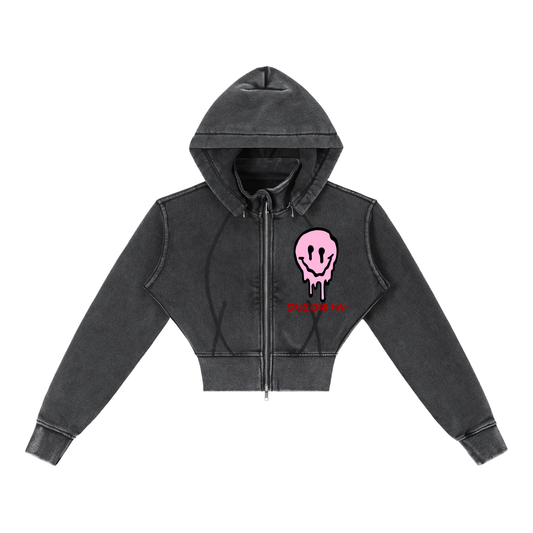 Smile Love Washed Cropped Fleece Hoodie